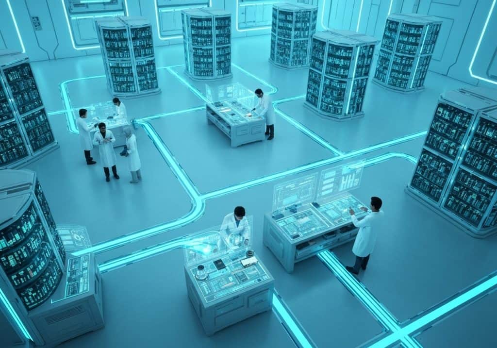 최첨단 데이터 연구소 내부 전경. 여러 과학자들이 홀로그램 터미널과 서버 랙 사이에서 디지털 실험을 진행하고 있으며, 푸른빛 네온 조명이 공간 전체를 감싸고 있다.