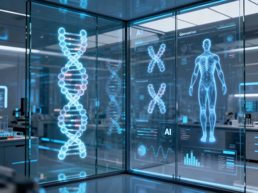 AI 기술이 접목된 유전자 분석 연구실. 거대한 DNA 구조와 인간의 유전체, 생체 데이터가 홀로그램으로 표시되어 정밀한 생명과학 연구를 상징한다.