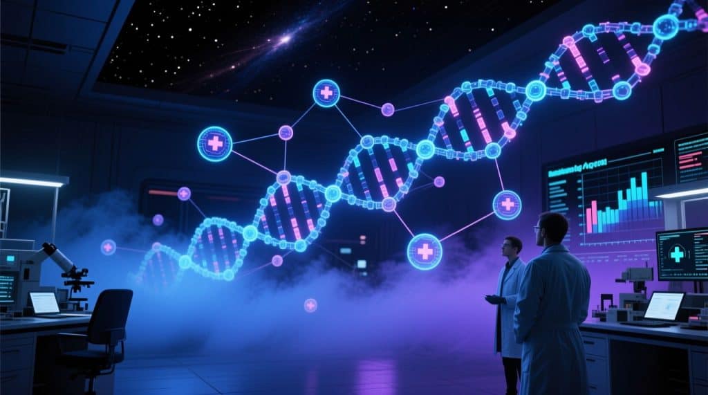 우주적 배경 속에서 DNA 사슬 구조가 떠 있는 미래형 연구실. 연구자들이 데이터 그래프와 함께 생명공학의 무한한 가능성을 탐구하고 있다.