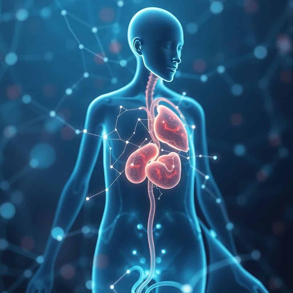인체의 장기 구조를 3D로 시각화한 디지털 아트. 심장, 폐, 간이 붉은 빛으로 강조되어 생명 데이터의 흐름을 표현한다.