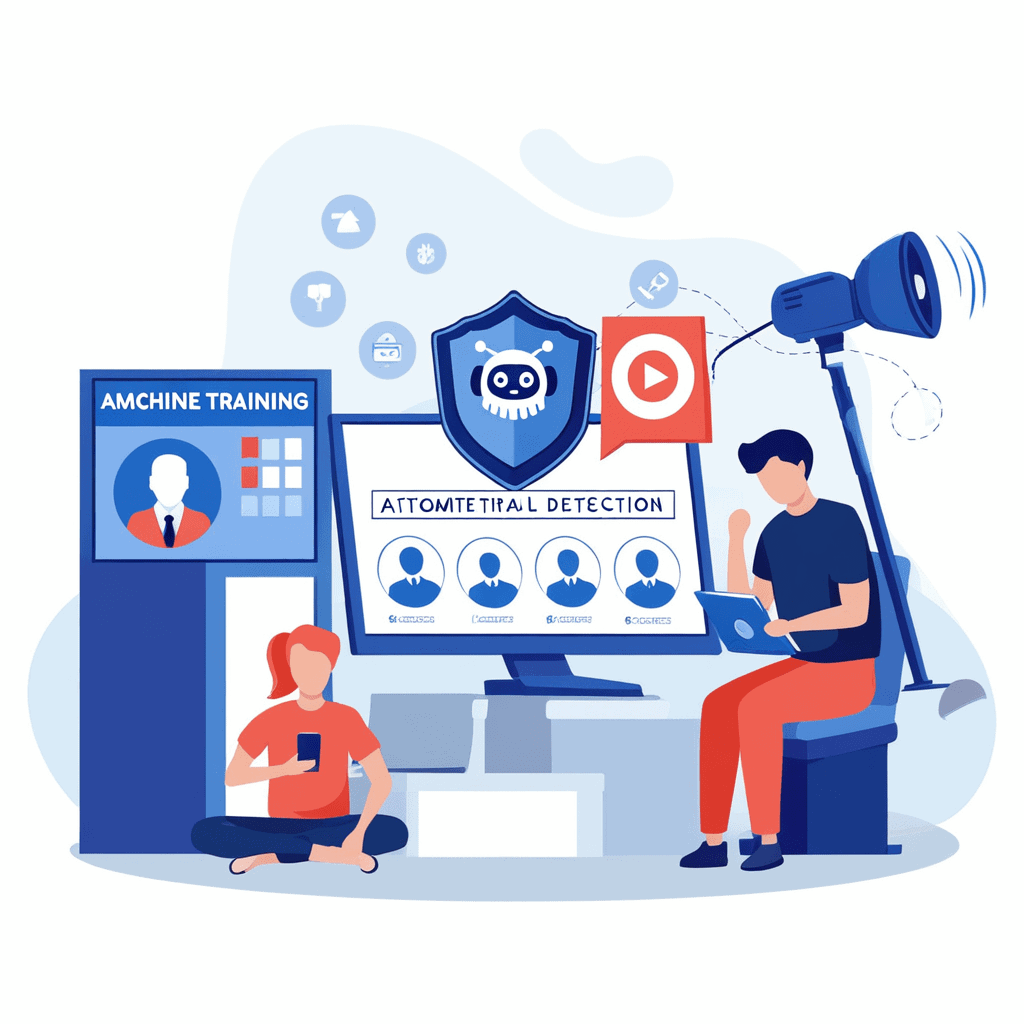 기계 학습 교육 키오스크, 자동 위협 탐지 화면, 비디오 재생 및 확성기가 있는 사이버 보안 인식 교육 개념 일러스트