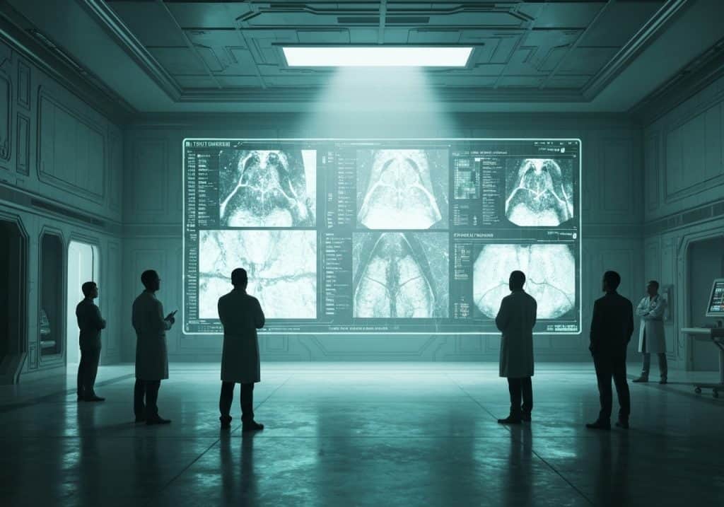 의료진이 대형 스크린에 표시된 인체 스캔 이미지를 분석하는 장면. 첨단 영상 진단 기술과 협업적 의료 연구 환경을 상징한다.