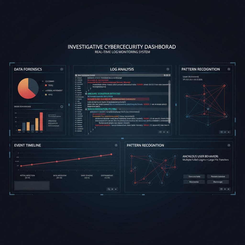 빨간색 경고 마커와 청록색 영역 차트가 있는 3D 시각화가 표시된 어두운 사이버 보안 분석 모니터