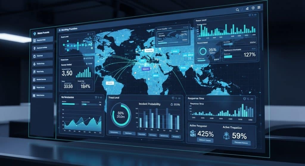 사이버 보안 데이터, 세계 지도 및 분석 차트를 표시하는 여러 모니터 앞에 앉아 있는 사이버 보안 분석가