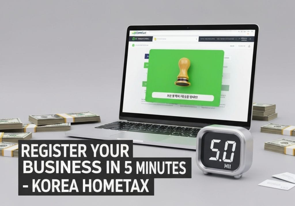 노트북에 홈택스 사업자 등록 완료 도장과 “지금 당장! 5분만에!” 문구, 주변에 달러 뭉치와 5:00 타이머 시계, 제목 REGISTER YOUR BUSINESS IN 5 MINUTES – KOREA HOMETAX