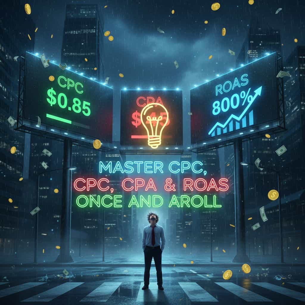 고층 빌딩 사이에 설치된 대형 스크린에 비용 대비 성과 수치가 대비되며 동전이 흩날리는 디지털 마케팅 성과의 흐름을 표현한 이미지다