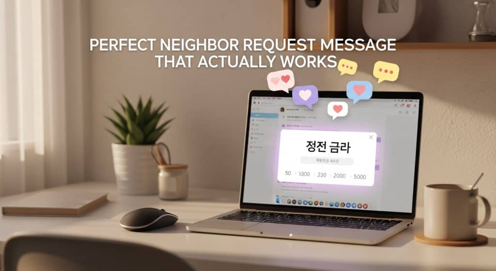 노트북 화면에 정전금과 같은 재밌는 이웃 요청 메시지 팝업이 떠 있고 하트와 말풍선 이모지가 날아다니는 장면, 제목 PERFECT NEIGHBOR REQUEST MESSAGE THAT ACTUALLY WORKS
