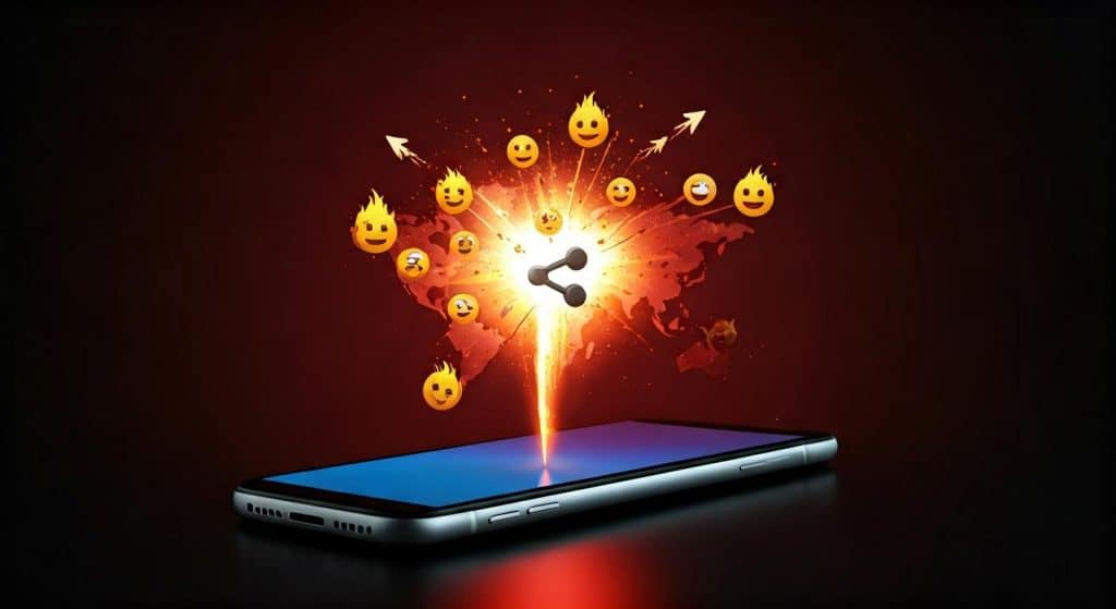 스마트폰에서 폭발하듯 터져 나오는 불타는 이모지들과 공유 아이콘, 세계 지도 위로 퍼져나가는 바이럴 소셜 미디어 공유와 확산을 극적으로 표현한 이미지.