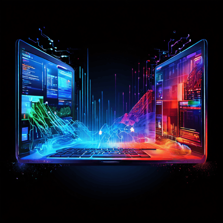 화면이 양분되어 한쪽은 빛나는 이상적인 브라우저 창, 다른 쪽은 데이터 흔적이 보이는 복잡한 감시 데스크톱을 보여주는 모습이다.