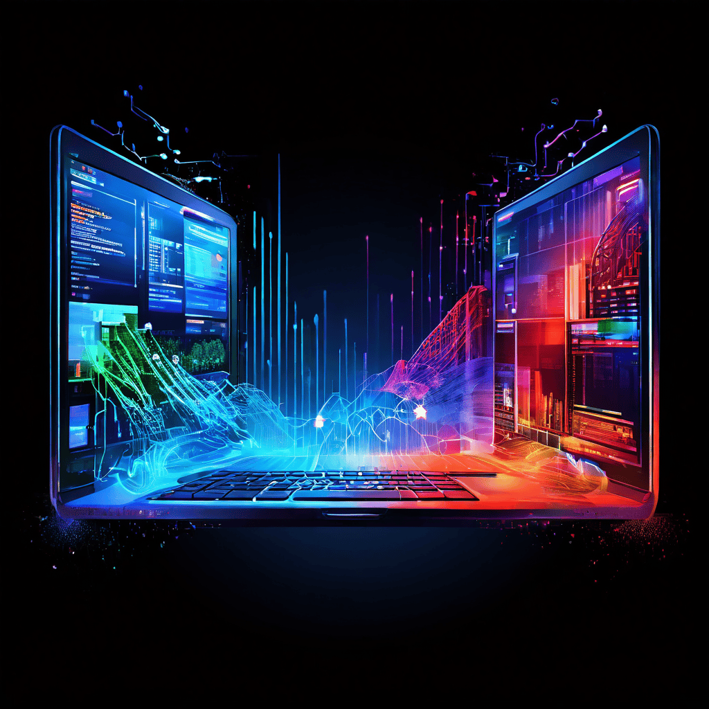 화면이 양분되어 한쪽은 빛나는 이상적인 브라우저 창, 다른 쪽은 데이터 흔적이 보이는 복잡한 감시 데스크톱을 보여주는 모습이다.