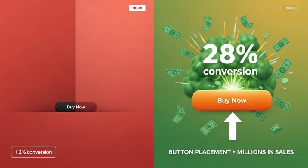 왼쪽은 평범한 위치의 작은 Buy Now 버튼으로 1.2% 전환율, 오른쪽은 눈에 확 띄는 큰 주황색 Buy Now 버튼으로 28% 전환율을 보여주는 A/B 테스트 비교 이미지, 버튼 배치가 매출에 미치는 영향 강조