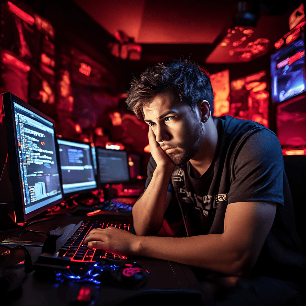 화면에 연결 실패 오류가 뜬 컴퓨터를 보며 짜증 내는 게이머와 배경의 여러 에러 메시지가 나타난 모습이다.