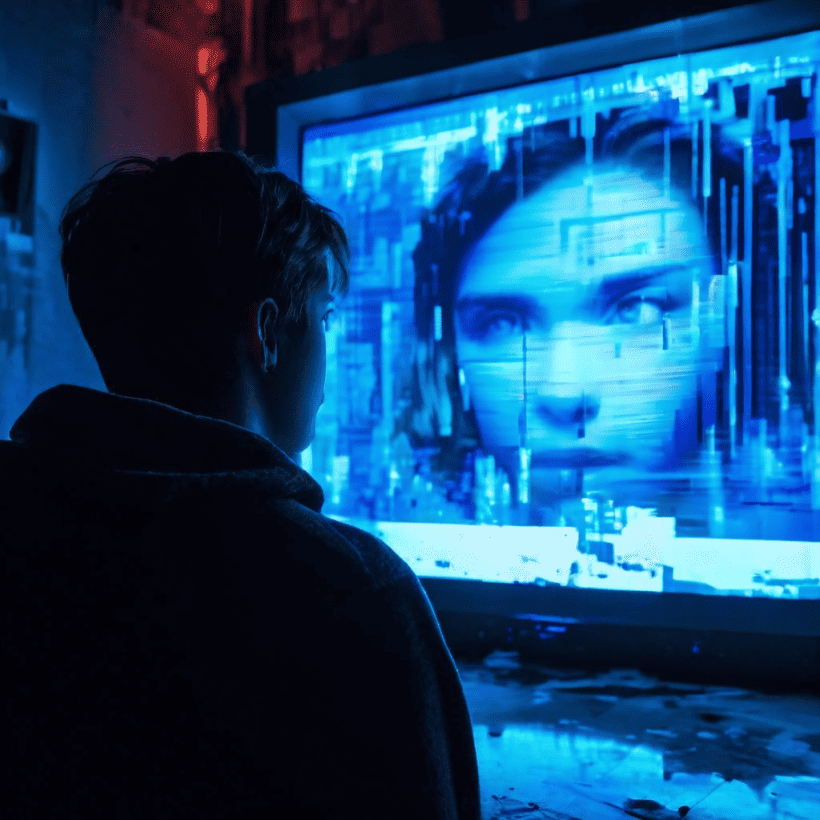 화면에 깨진 픽셀 선과 정지된 영상이 나타난 글리치 티비를 혼란스러워하는 사람의 모습이다.