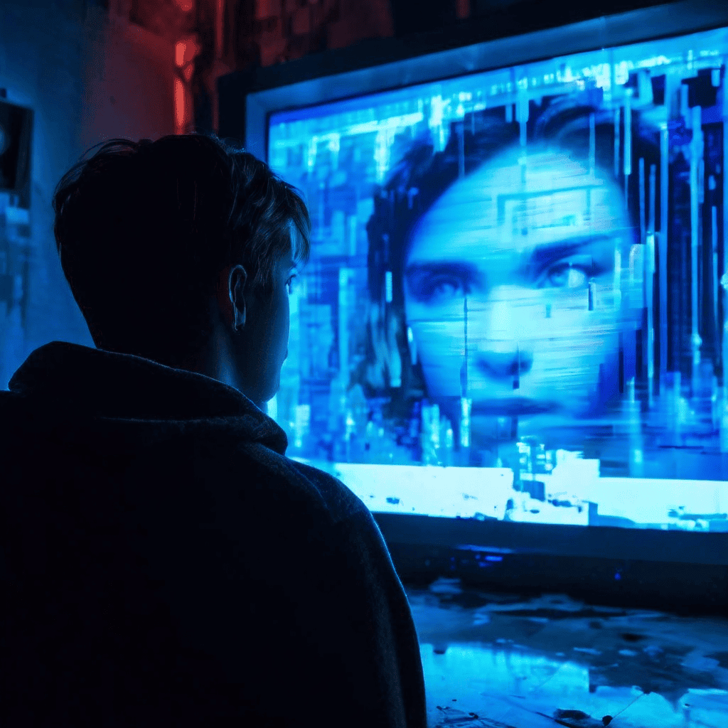 화면에 깨진 픽셀 선과 정지된 영상이 나타난 글리치 티비를 혼란스러워하는 사람의 모습이다.