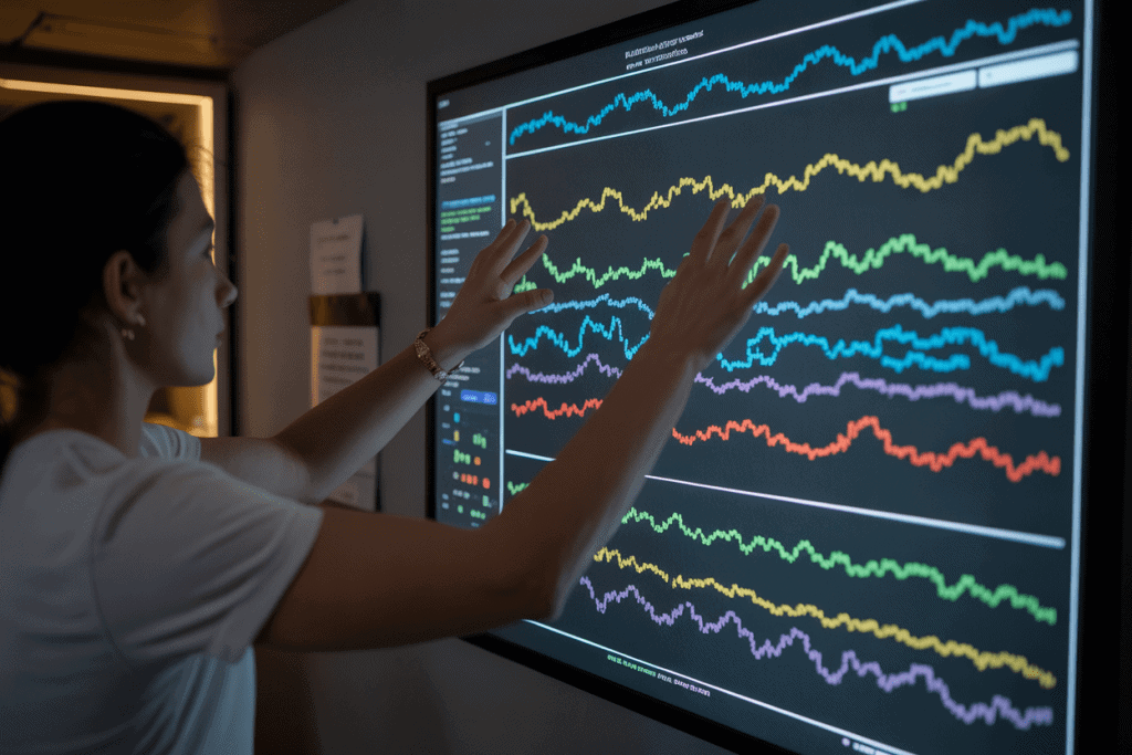 다중 색상 파형 그래프를 손으로 조작하며 분석하는 장면