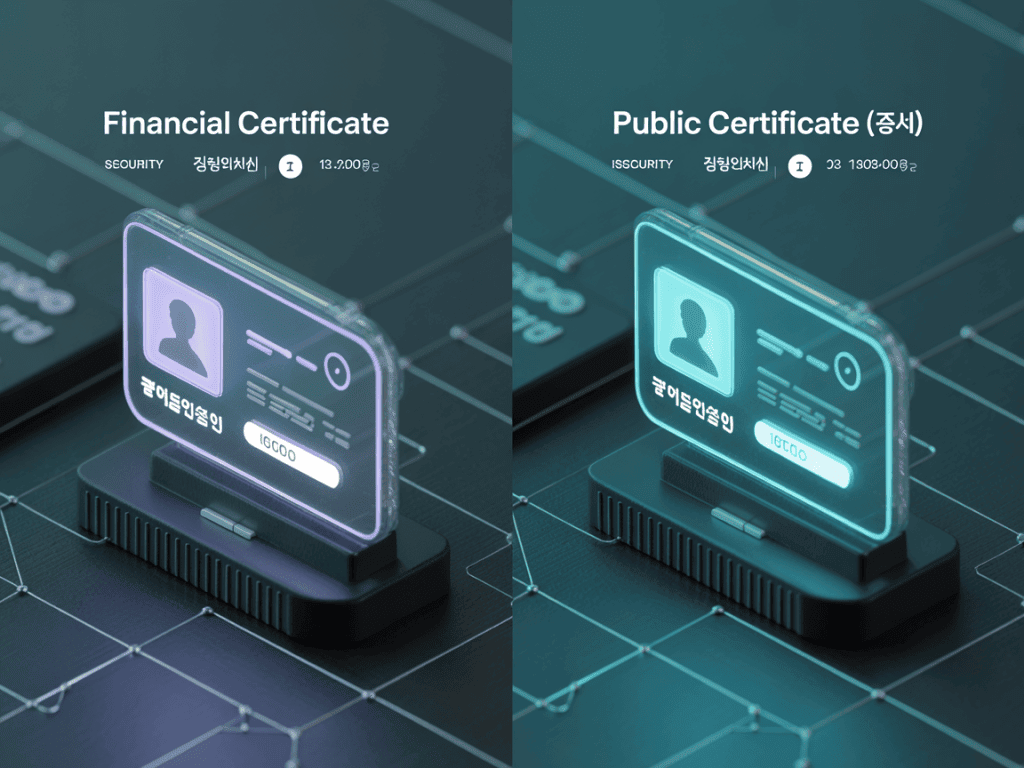 금융인증서와 공동인증서를 디지털 카드 형태로 비교한 보안 인증 시각화 이미지
