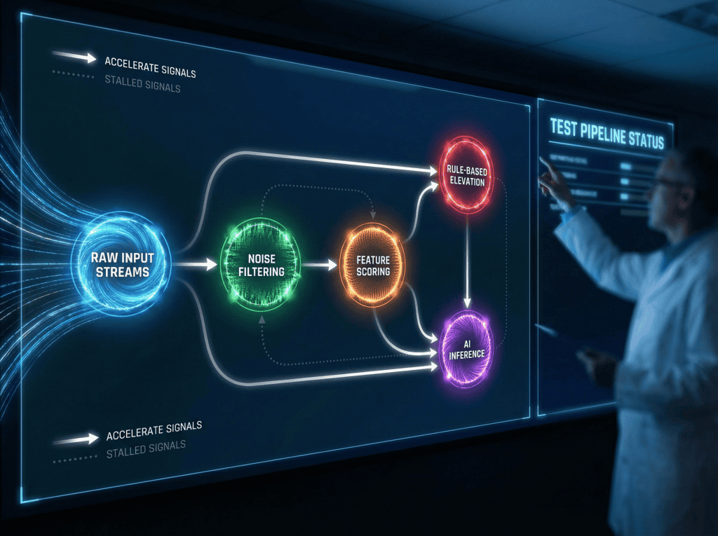 AI 파이프라인의 입력·필터링·추론 과정을 보여주는 흐름도