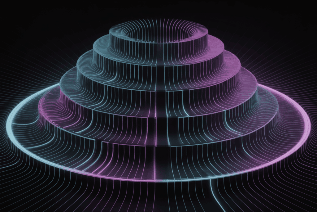 계단형으로 겹쳐진 네온 곡선 구조의 3D 데이터 형상