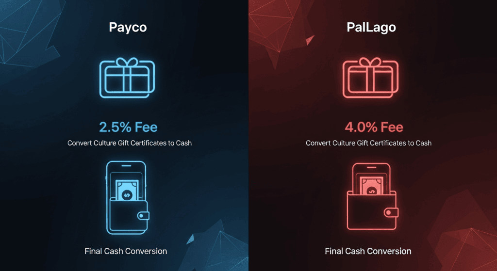Payco와 PalLago의 상품권 현금화 수수료(2.5% vs 4%)를 비교한 전자지갑 변환 요약 그래픽.