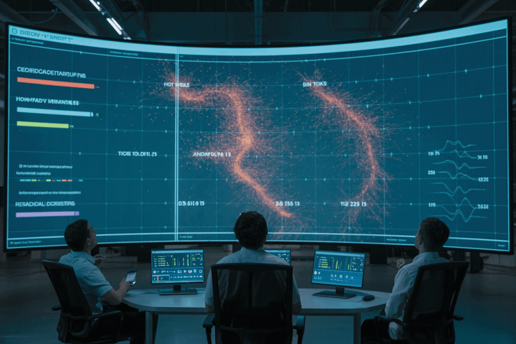 대형 곡선 데이터 맵을 분석하는 연구원들과 중앙 모니터링 화면