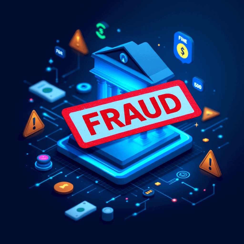 은행 건물 아이콘 위에 ‘FRAUD’ 경고가 강조된 금융 사기 및 위험 알림 시각화 이미지