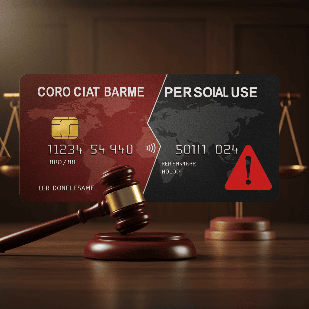 법정 저울과 판사 봉 앞에 놓인 신용카드 이미지로 금융 범죄와 카드 악용 경고를 나타낸 그래픽