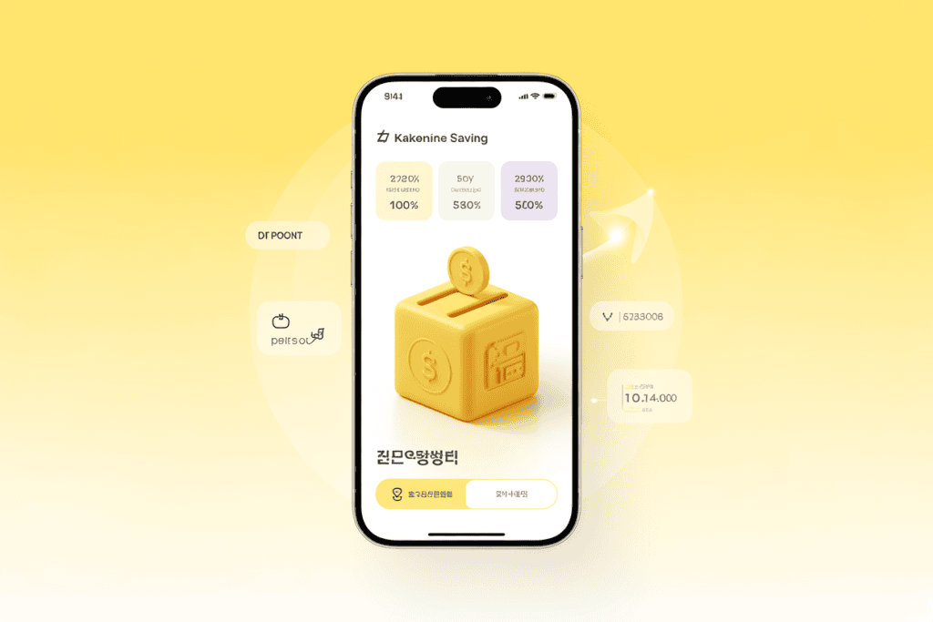 노란색 배경에서 카카오뱅크 스타일의 저축 앱 화면과 저금통 아이콘이 표시된 모바일 금융 UI